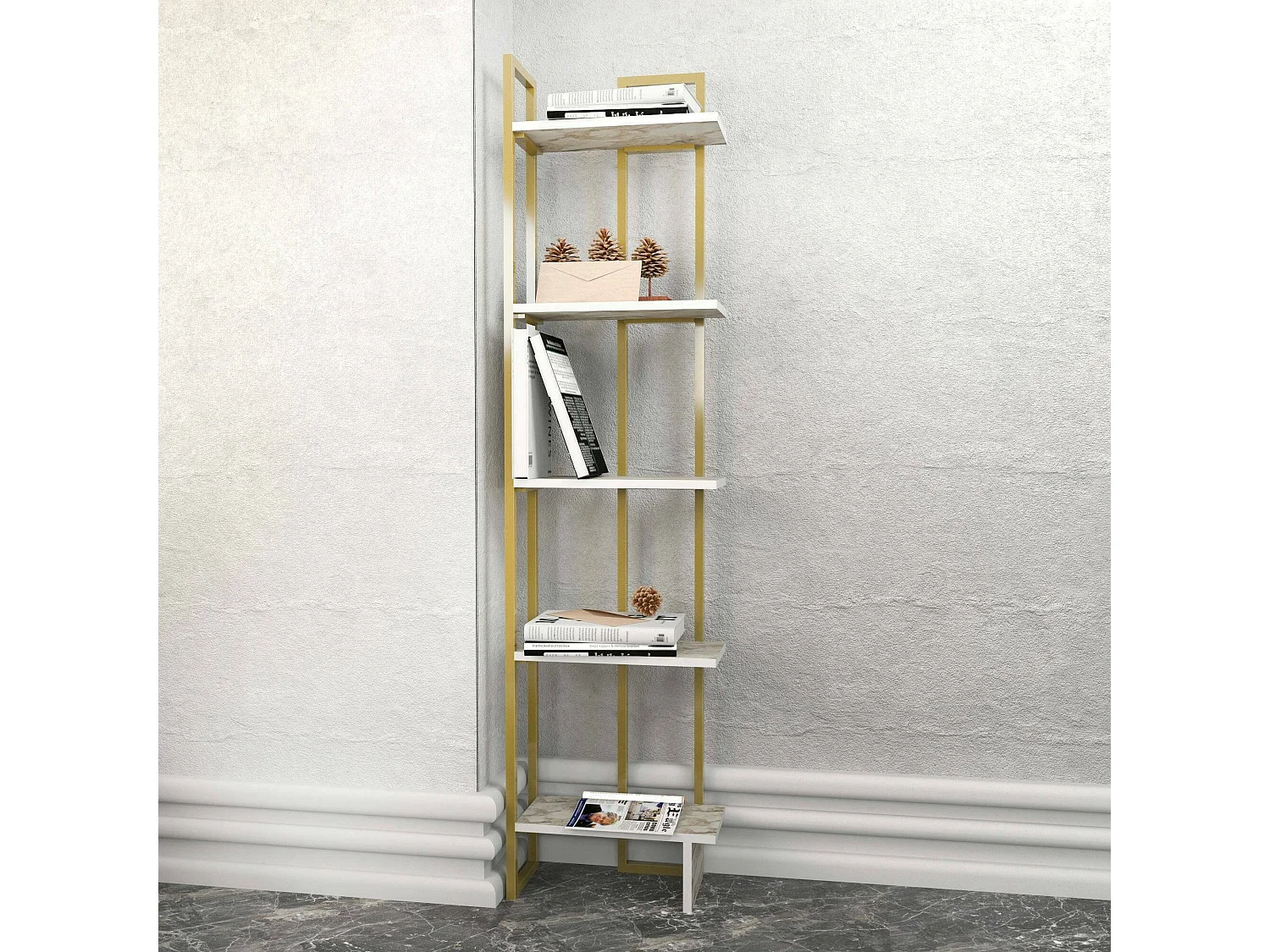 Livraria Dbradari, Prateleira de uffIcio, Porta-livros móvel, Biblioteca, 45x22h180 cm, Branco e Dourado