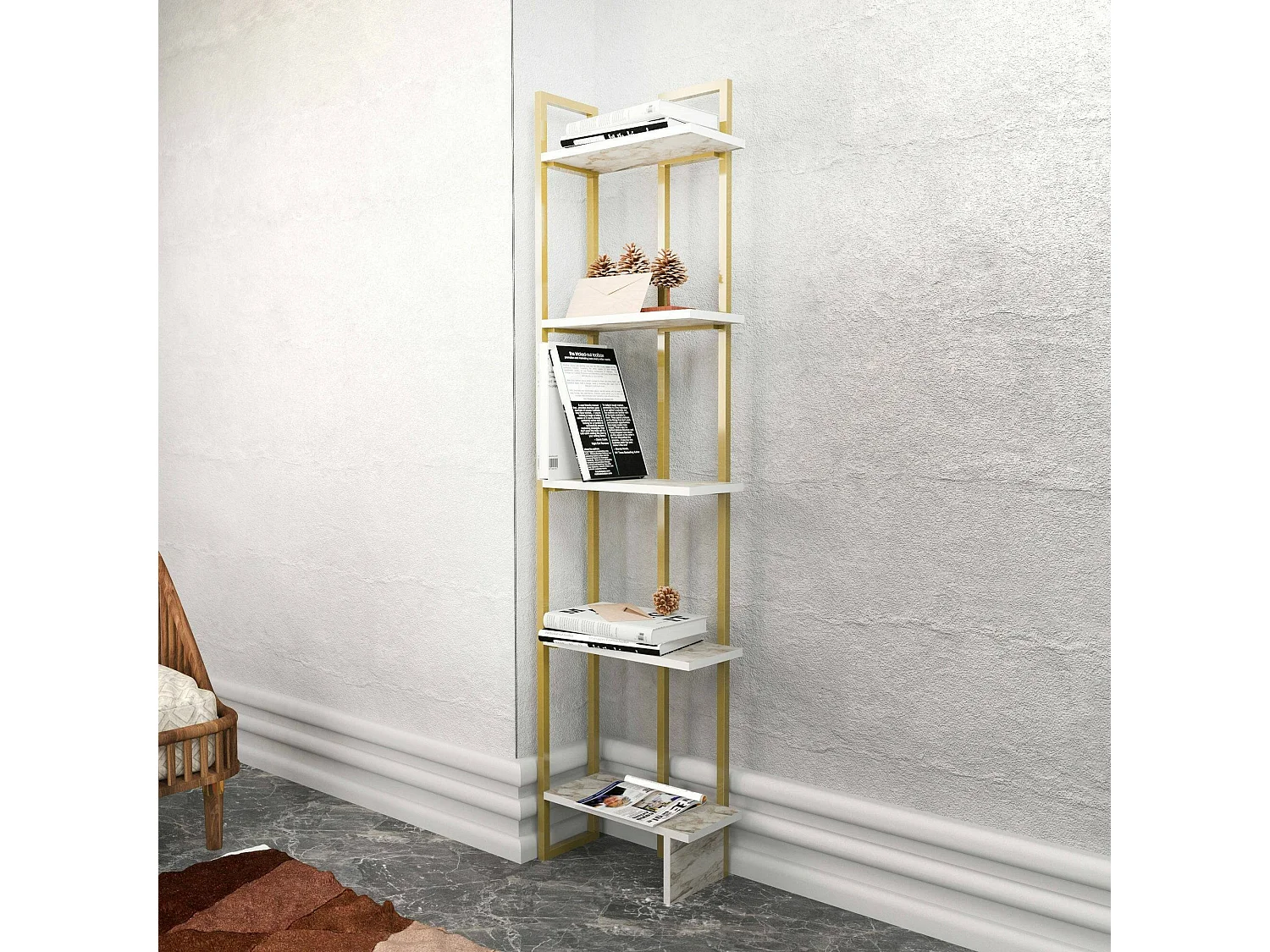 Livraria Dbradari, Prateleira de uffIcio, Porta-livros móvel, Biblioteca, 45x22h180 cm, Branco e Dourado