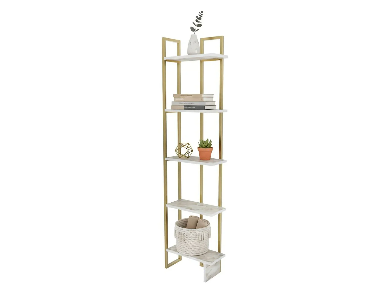 Bibliothèque Alnair, Etagère de bureau, Porte-livre mobile, Librairie, 45x22h180 cm, Blanc et Or