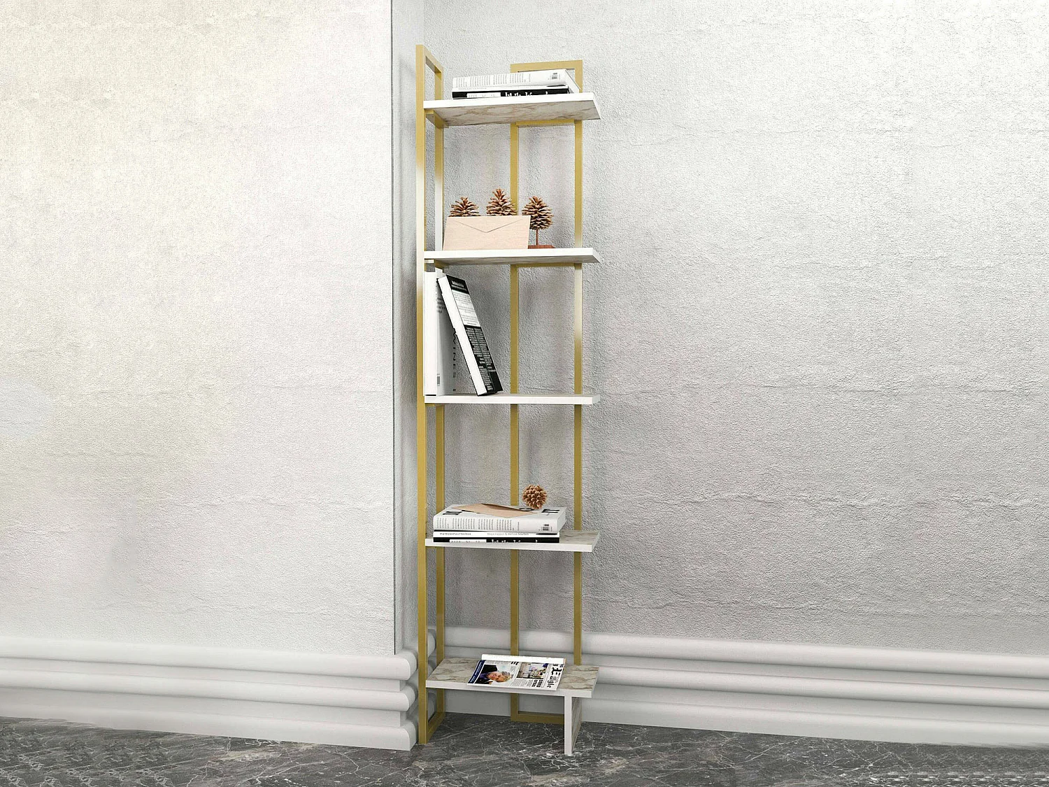 Bibliothèque Alnair, Etagère de bureau, Porte-livre mobile, Librairie, 45x22h180 cm, Blanc et Or