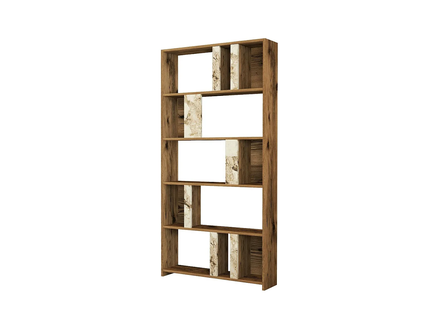 Bibliothèque Algieba, Etagère de bureau, Porte-livre mobile, Librairie, 90x20h180 cm, Noyer et Marbre Blanc