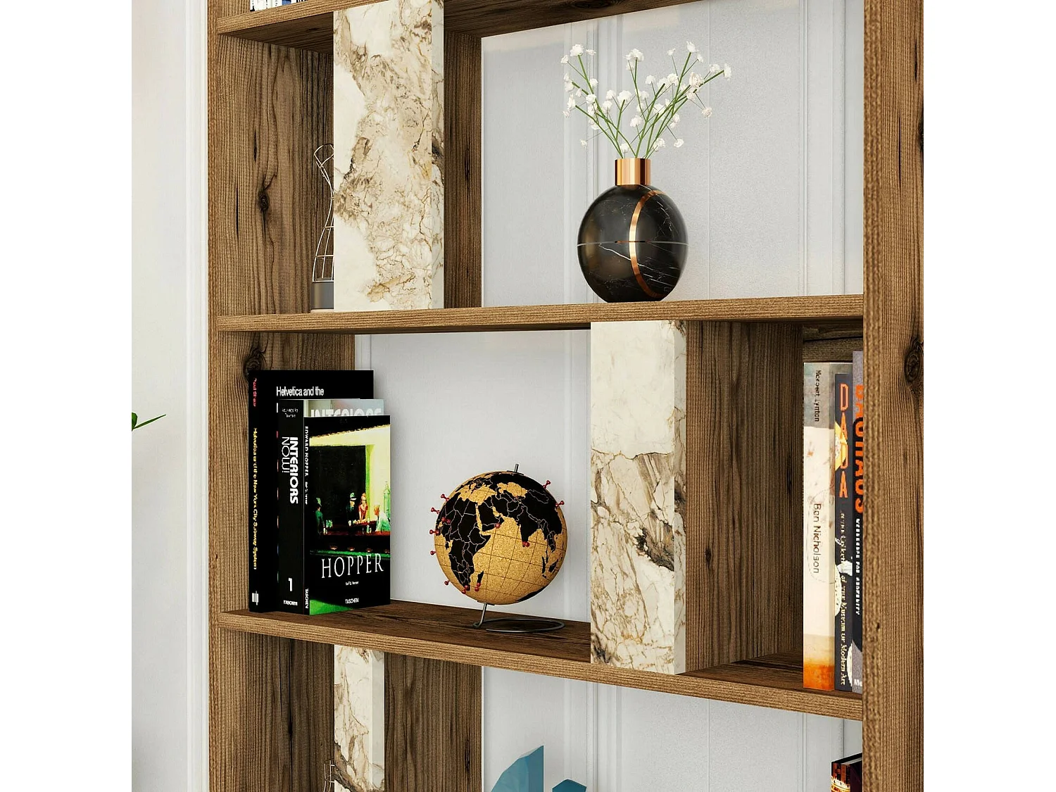 Dbellusc Boekenkast, Kantoor Plank, Boekenkast, Bibliotheek, 90x20h180 cm, Walnoot en Wit Marmer