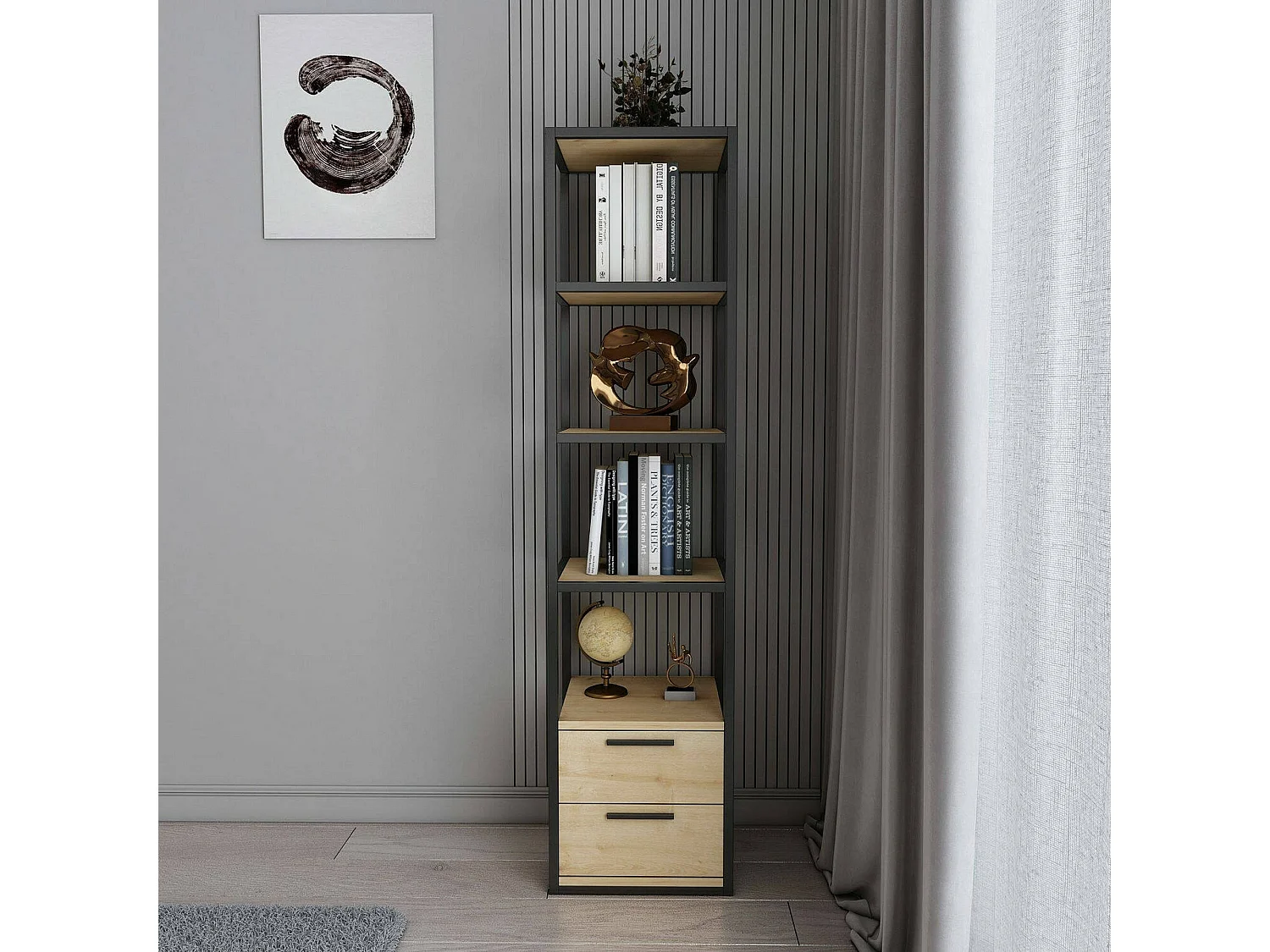 Bibliothèque Artemis, Etagère de bureau, Porte-livre mobile, Librairie, 39x39h169 cm, Noir et Chêne