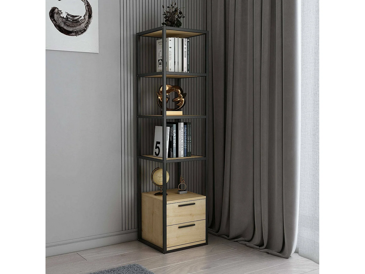 Bibliothèque Artemis, Etagère de bureau, Porte-livre mobile, Librairie, 39x39h169 cm, Noir et Chêne