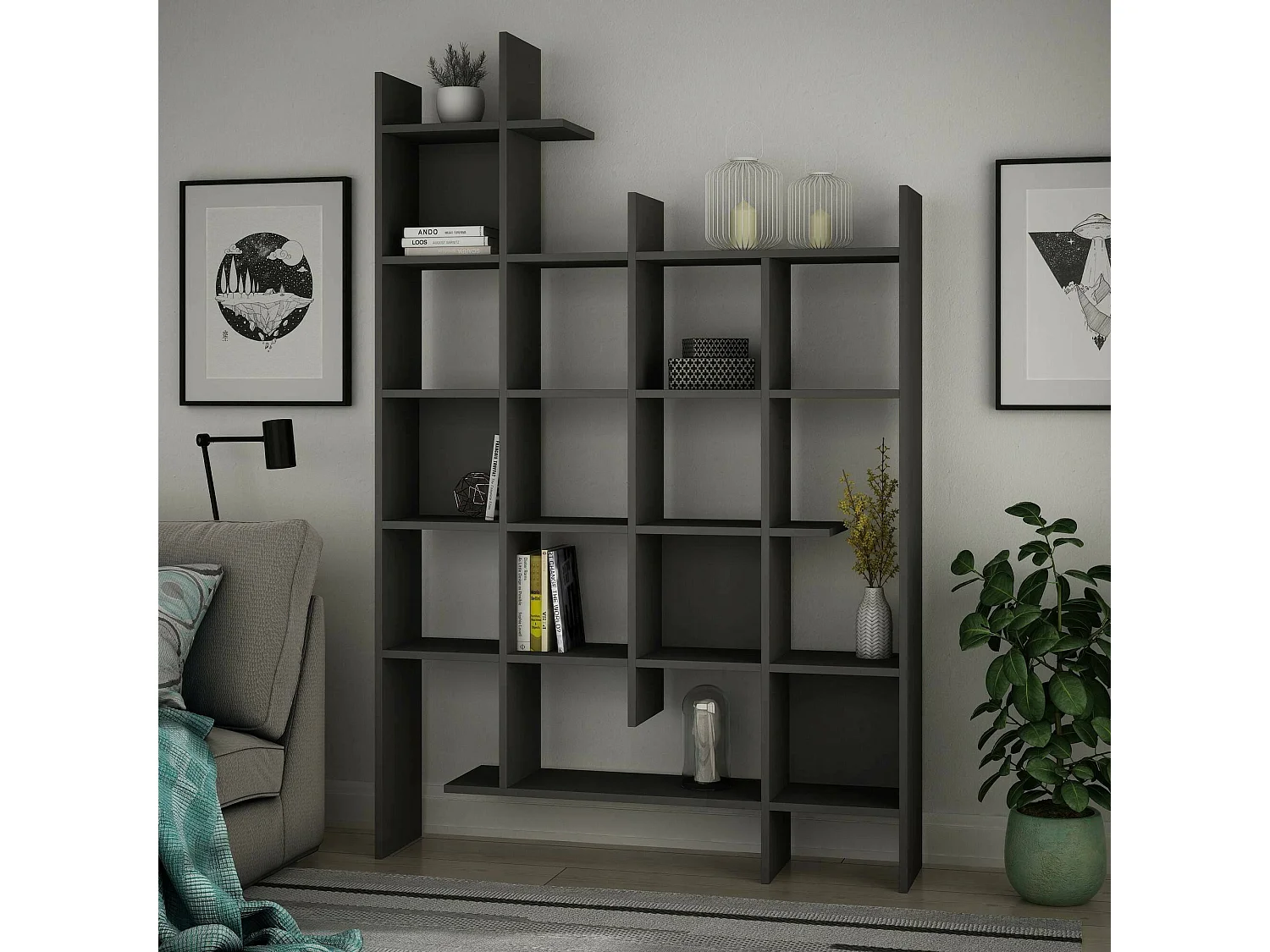 Bibliothèque Chertan, Etagère de bureau, Porte-livre mobile, Librairie, 122x26h188 cm, Anthracite