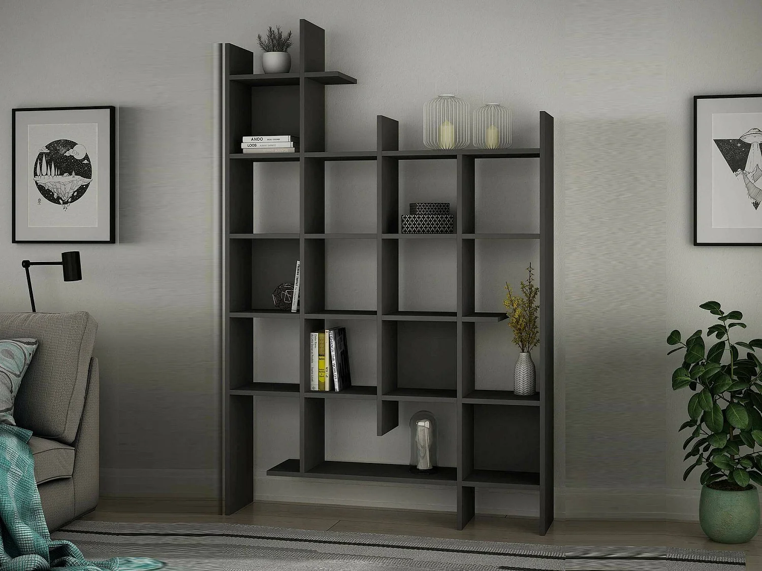 Bibliothèque Chertan, Etagère de bureau, Porte-livre mobile, Librairie, 122x26h188 cm, Anthracite