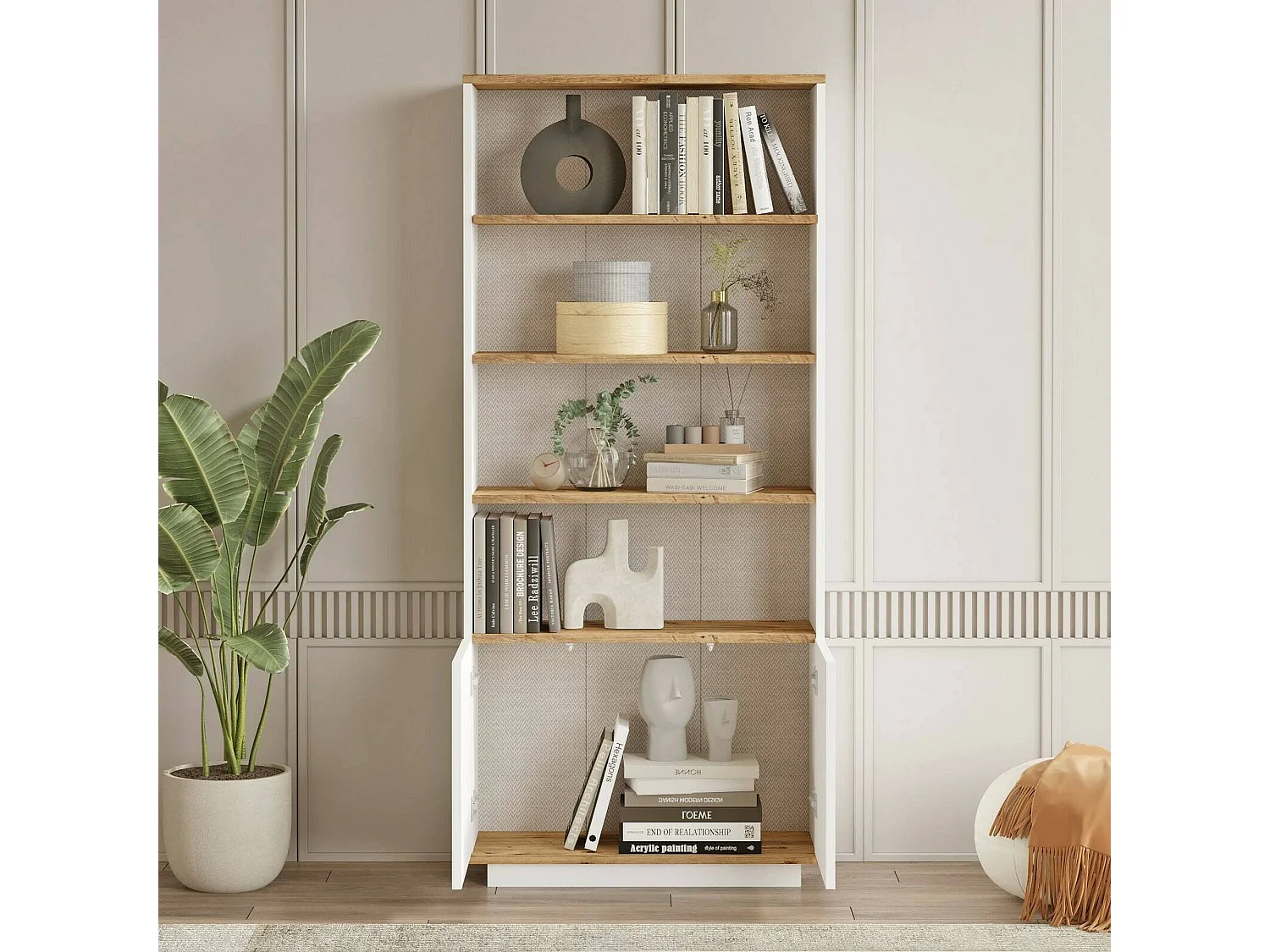 Dmartine Boekenkast, Kantoor Plank, Boekenkast, Bibliotheek, 75x27h168 cm, Eiken en Wit
