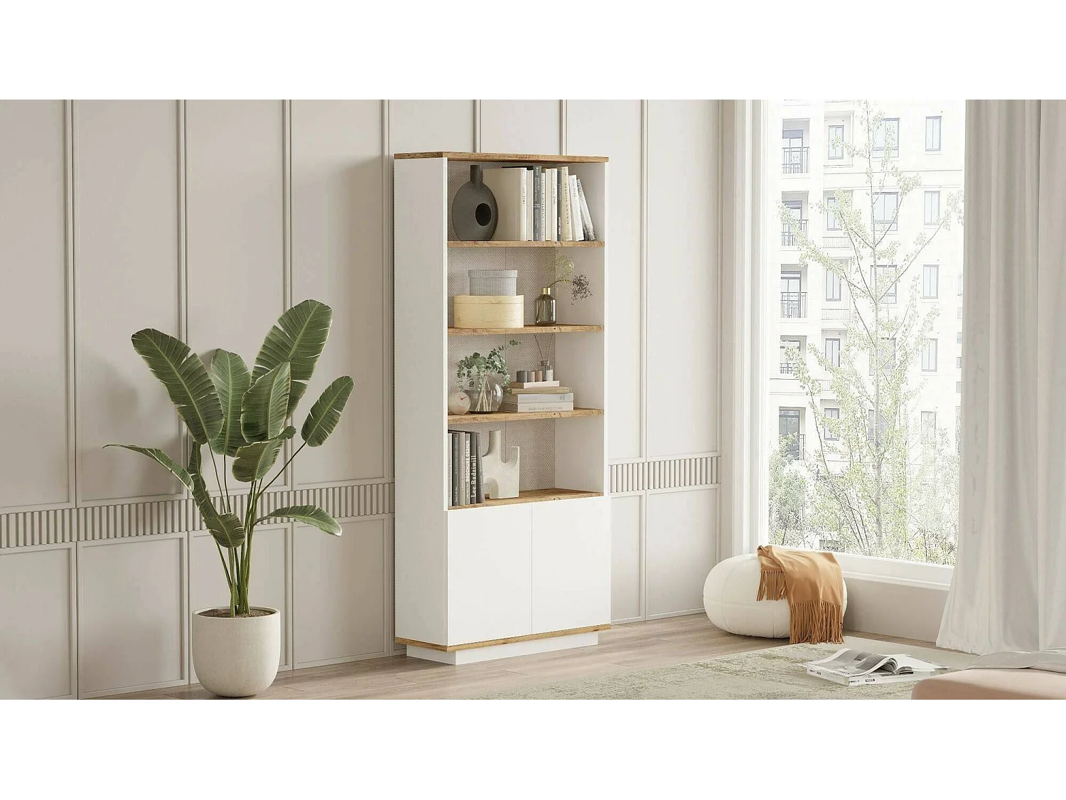 Bibliothèque Heze, Etagère de bureau, Porte-livre mobile, Librairie, 75x27h168 cm, Chêne et Blanc