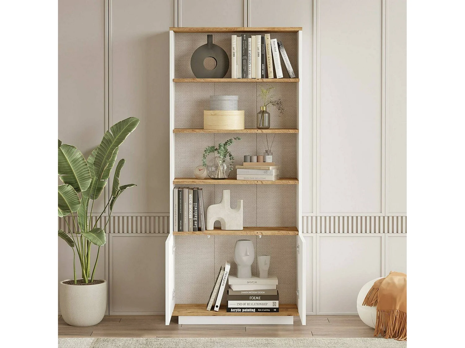 Bibliothèque Heze, Etagère de bureau, Porte-livre mobile, Librairie, 75x27h168 cm, Chêne et Blanc