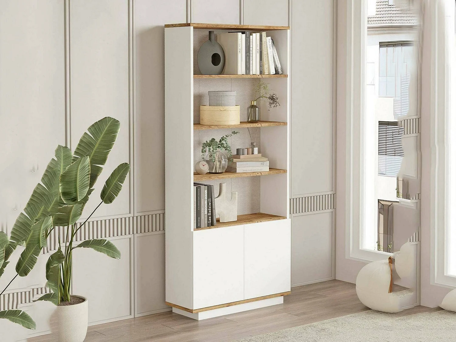 Bibliothèque Heze, Etagère de bureau, Porte-livre mobile, Librairie, 75x27h168 cm, Chêne et Blanc