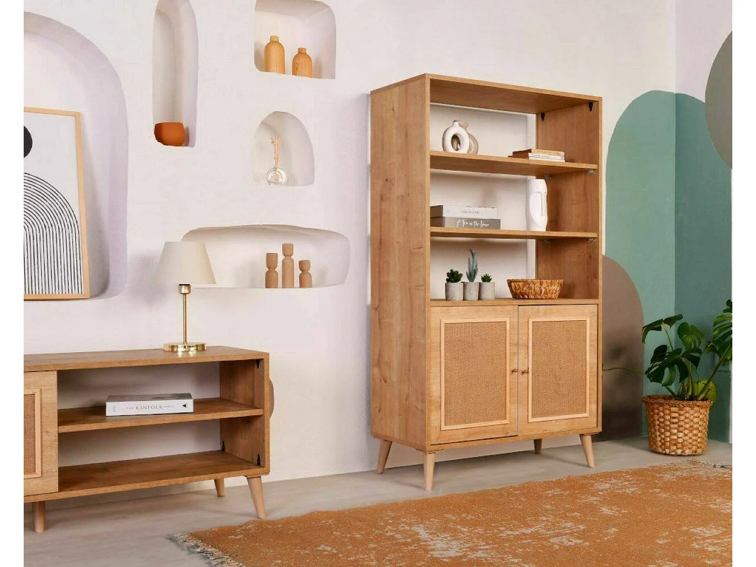 Dmou-bibliotheekTinh, kantoorplank, boekenrek, bibliotheek, 90x40h110 cm, eik