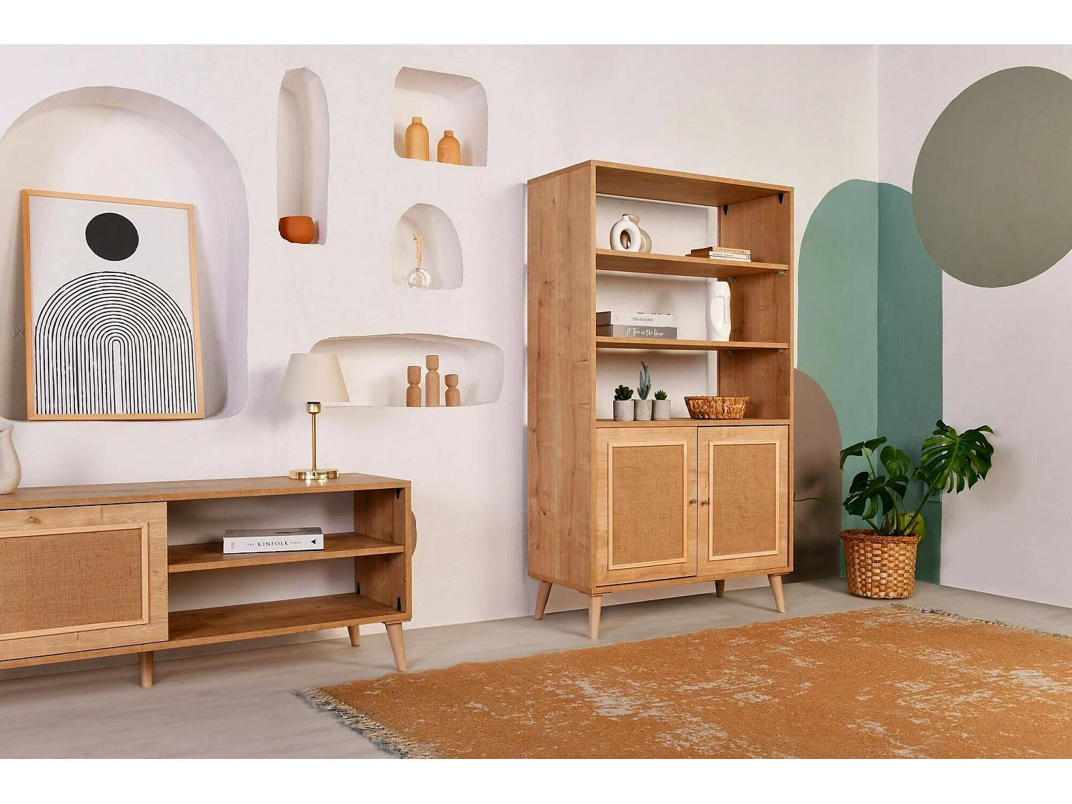 Dmou-bibliotheekTinh, kantoorplank, boekenrek, bibliotheek, 90x40h110 cm, eik