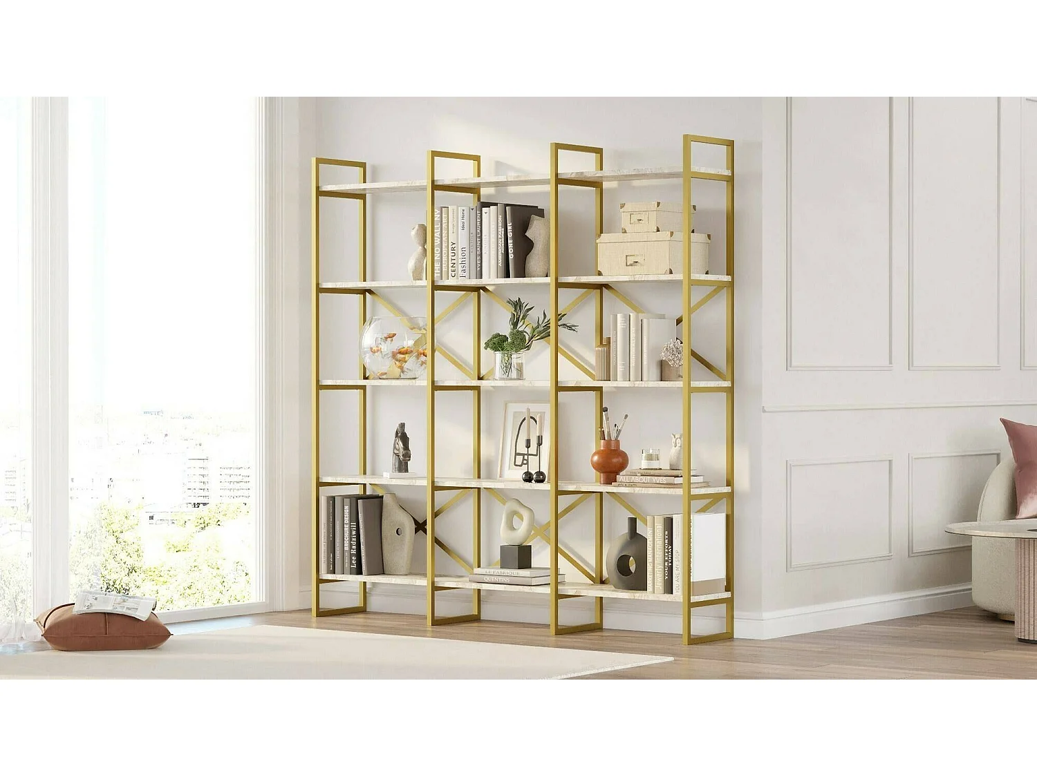 Estante Dpezzott, Estante de escritório, Estante de livros, Biblioteca, 170x30h175 cm, Branco e Dourado