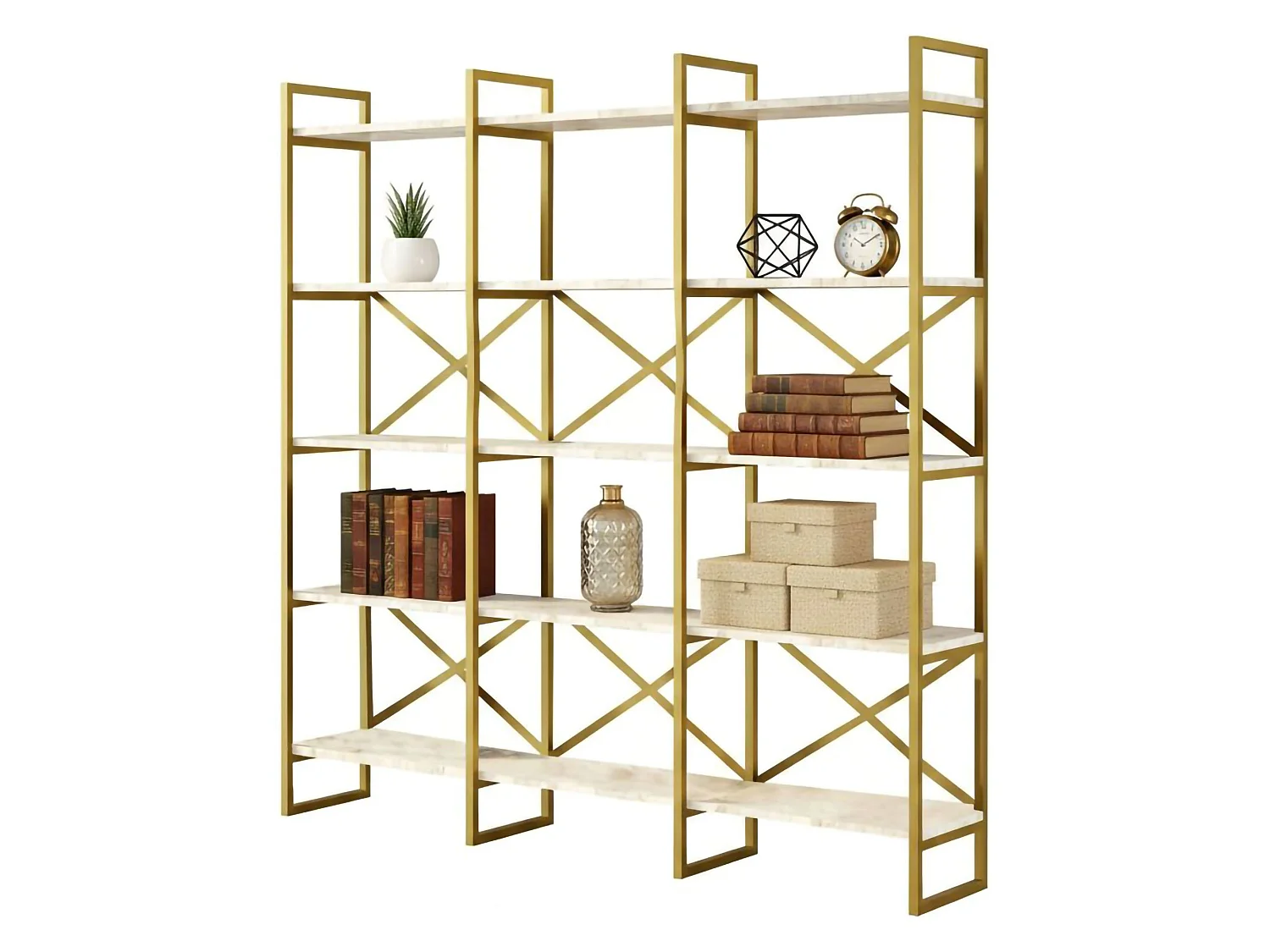 Bibliothèque Sagit, Etagère de bureau, Porte-livre mobile, Librairie, 170x30h175 cm, Blanc et Or