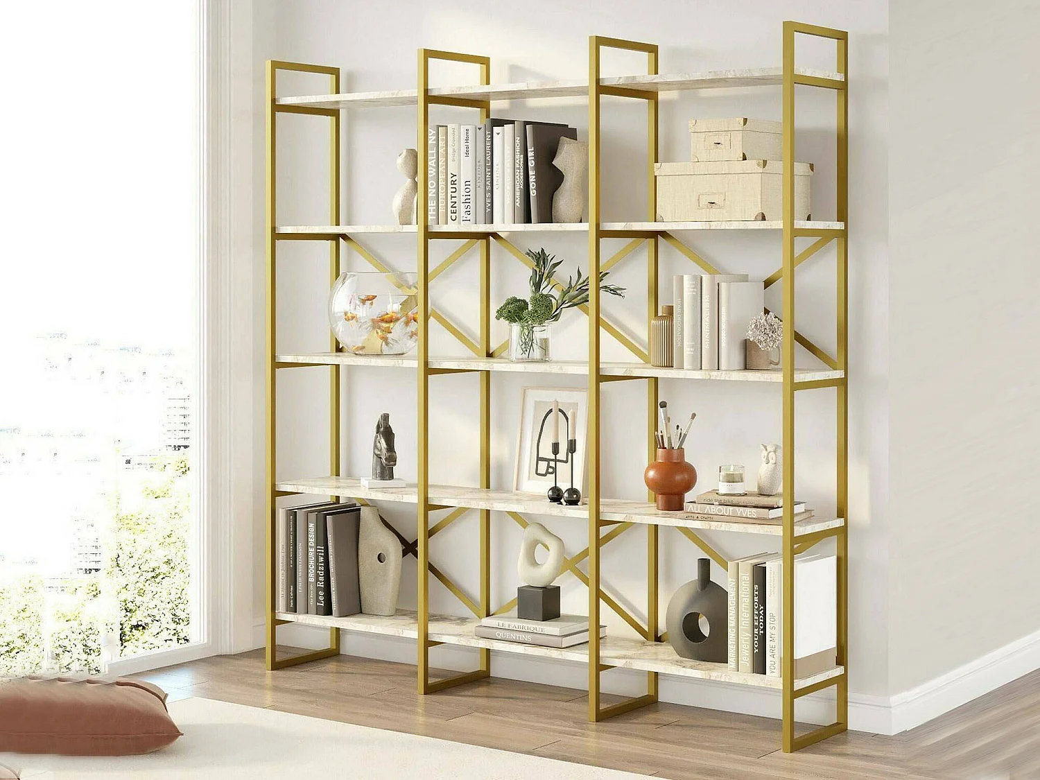 Bibliothèque Sagit, Etagère de bureau, Porte-livre mobile, Librairie, 170x30h175 cm, Blanc et Or