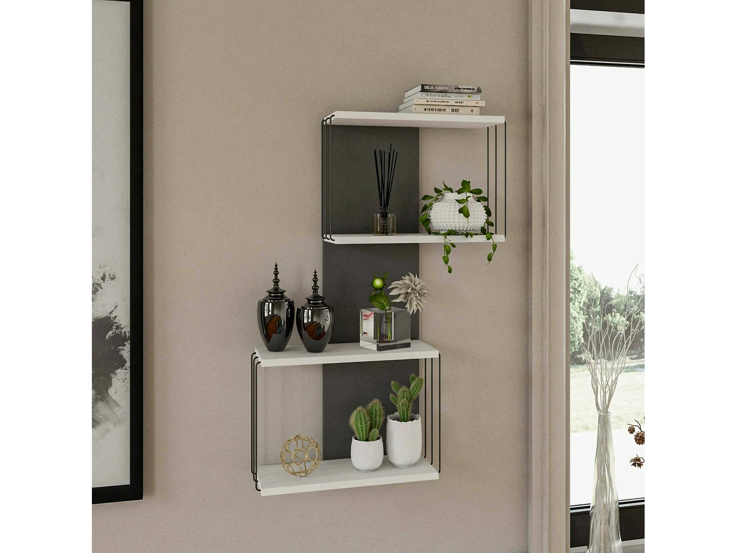 Étagère murale Mirzam, Étagère, Tablette murale, Rayonnage polyvalent, 65x19h96 cm, Blanc et anthracite