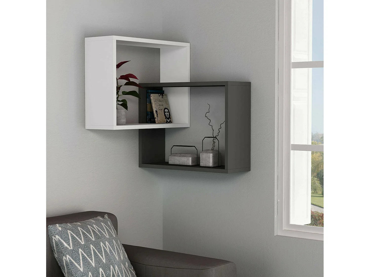 Dcarrett Plank, Plank, Wandplank, Multifunctionele Rekken, 68x60h68 cm, Wit en Antraciet