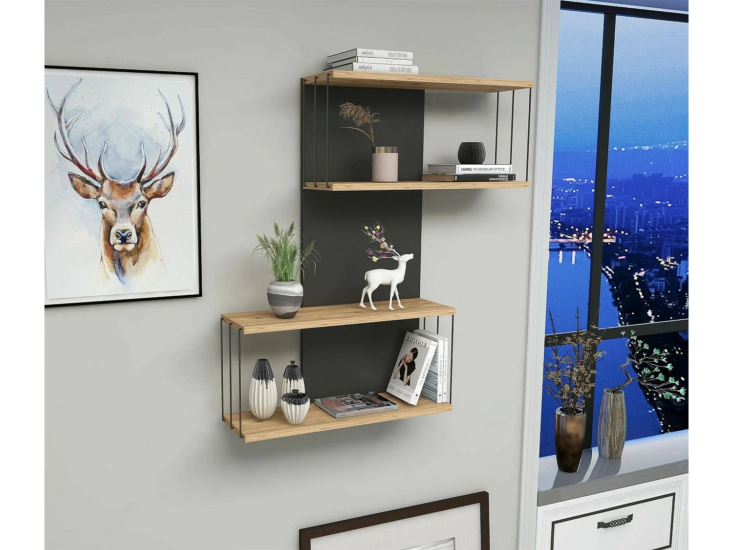 Dmora - Mensola Gerolama, 65x19h96 cm, Antracite e Rovere