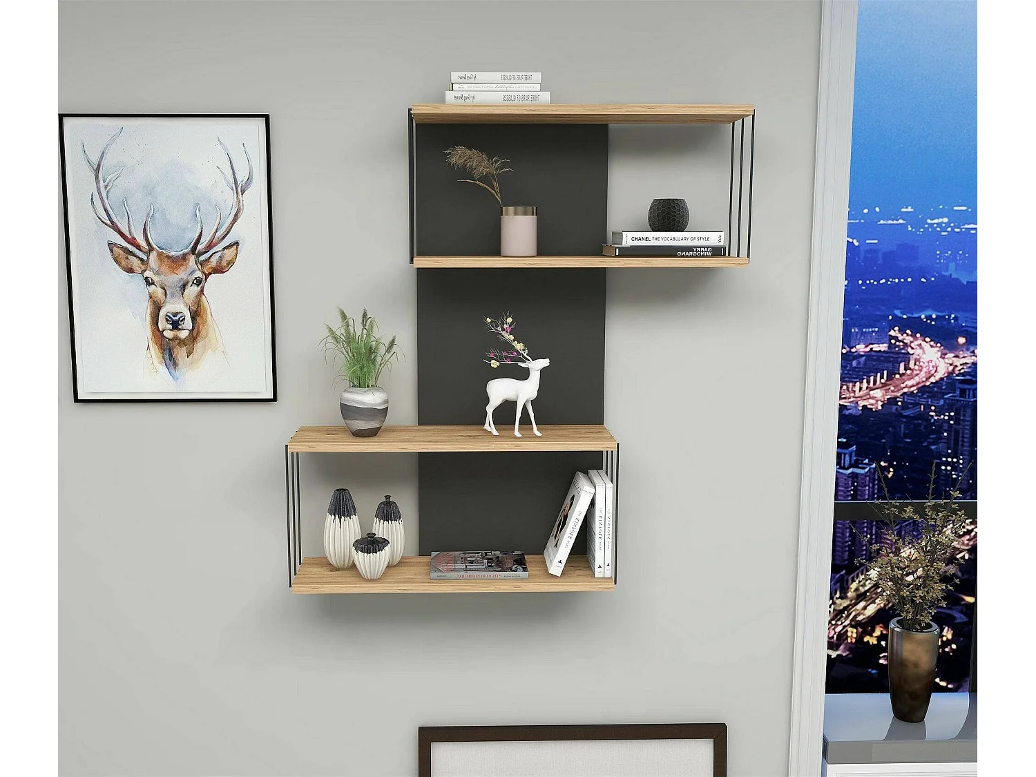 Étagère murale Mirzam, Étagère, Tablette murale, Rayonnage polyvalent, 65x19h96 cm, Anthracite et chêne