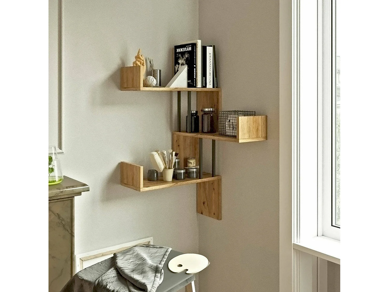 Étagère murale Lyron, Étagère, Tablette murale, Rayonnage polyvalent, 60x60h109 cm, Chêne