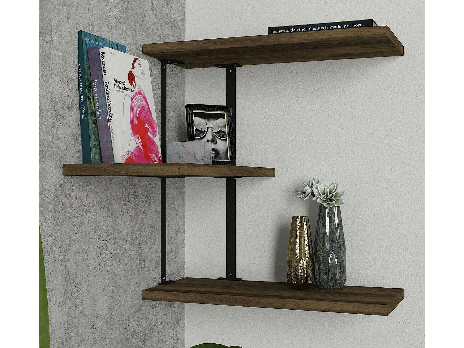 Étagère murale Almaz, Étagère, Tablette murale, Rayonnage polyvalent, 45x20h47 cm, Noyer et Noir