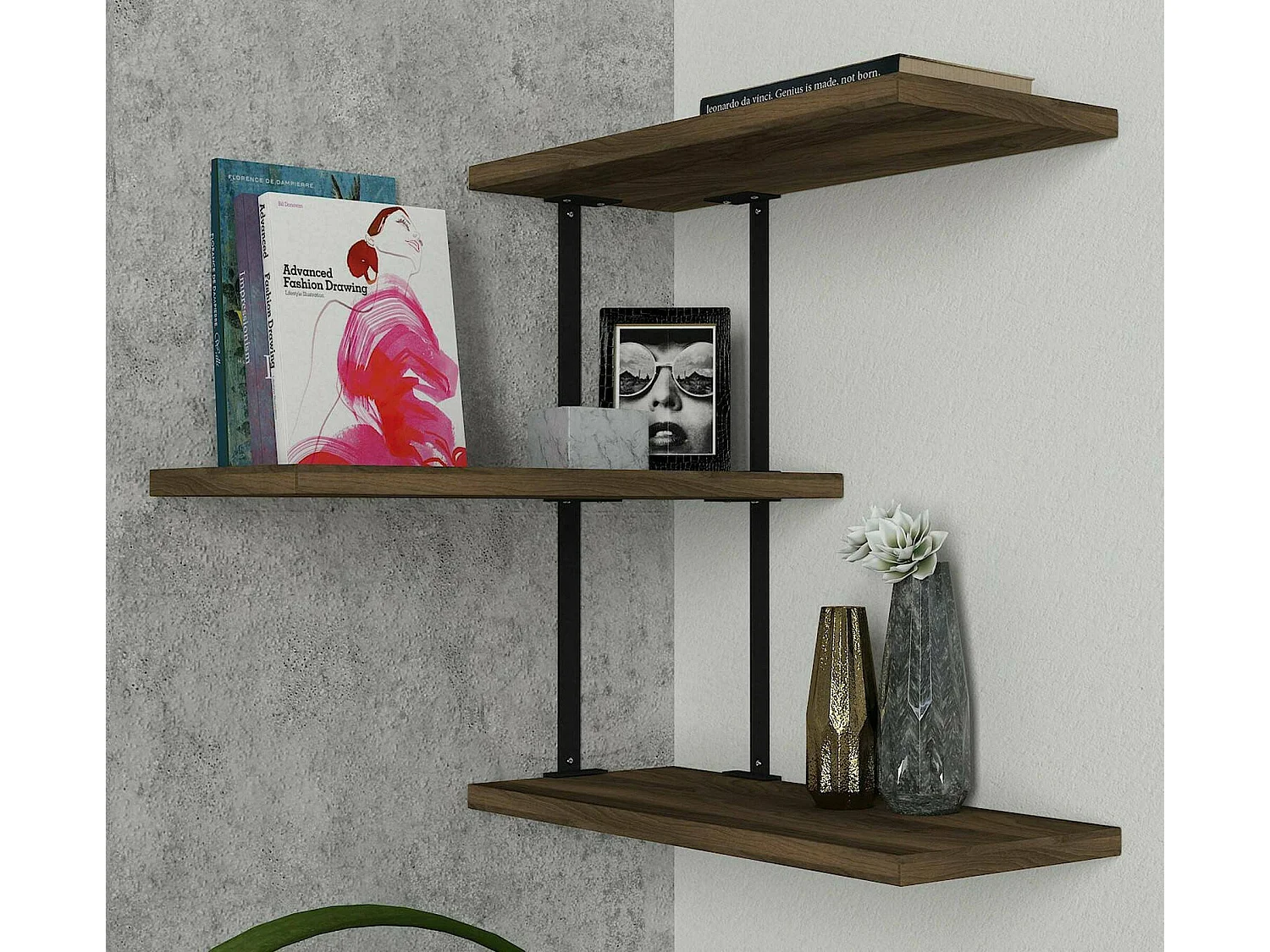 Regal Dboseggi, Gestell, Wandregal, Mehrzweckregale, 45x20h47 cm, Walnuss und Schwarz