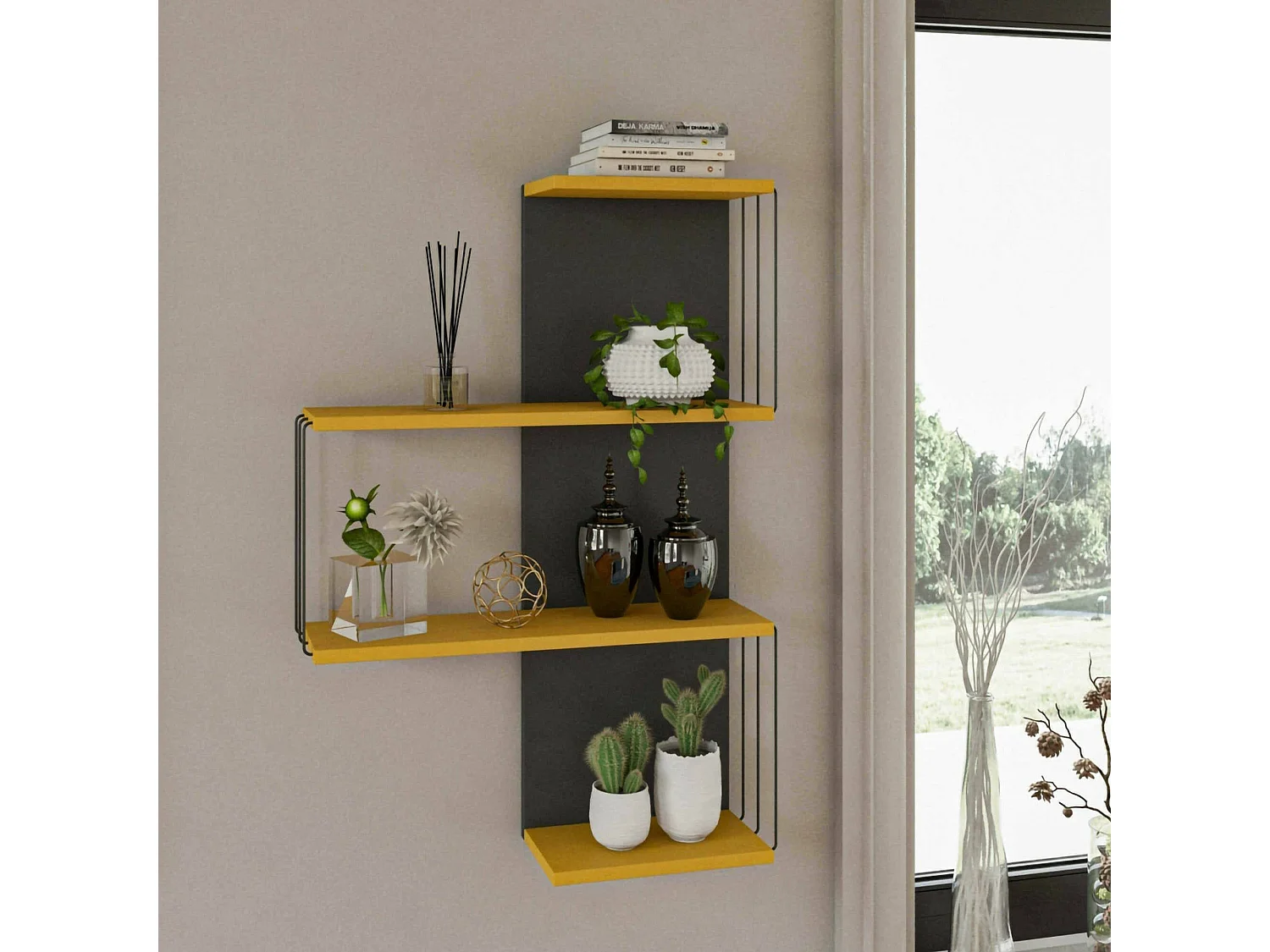 Estantería Dmannocc, Estante, Estante de pared, Estanterías multiusos, 64x19h96 cm, Antracita y Amarillo