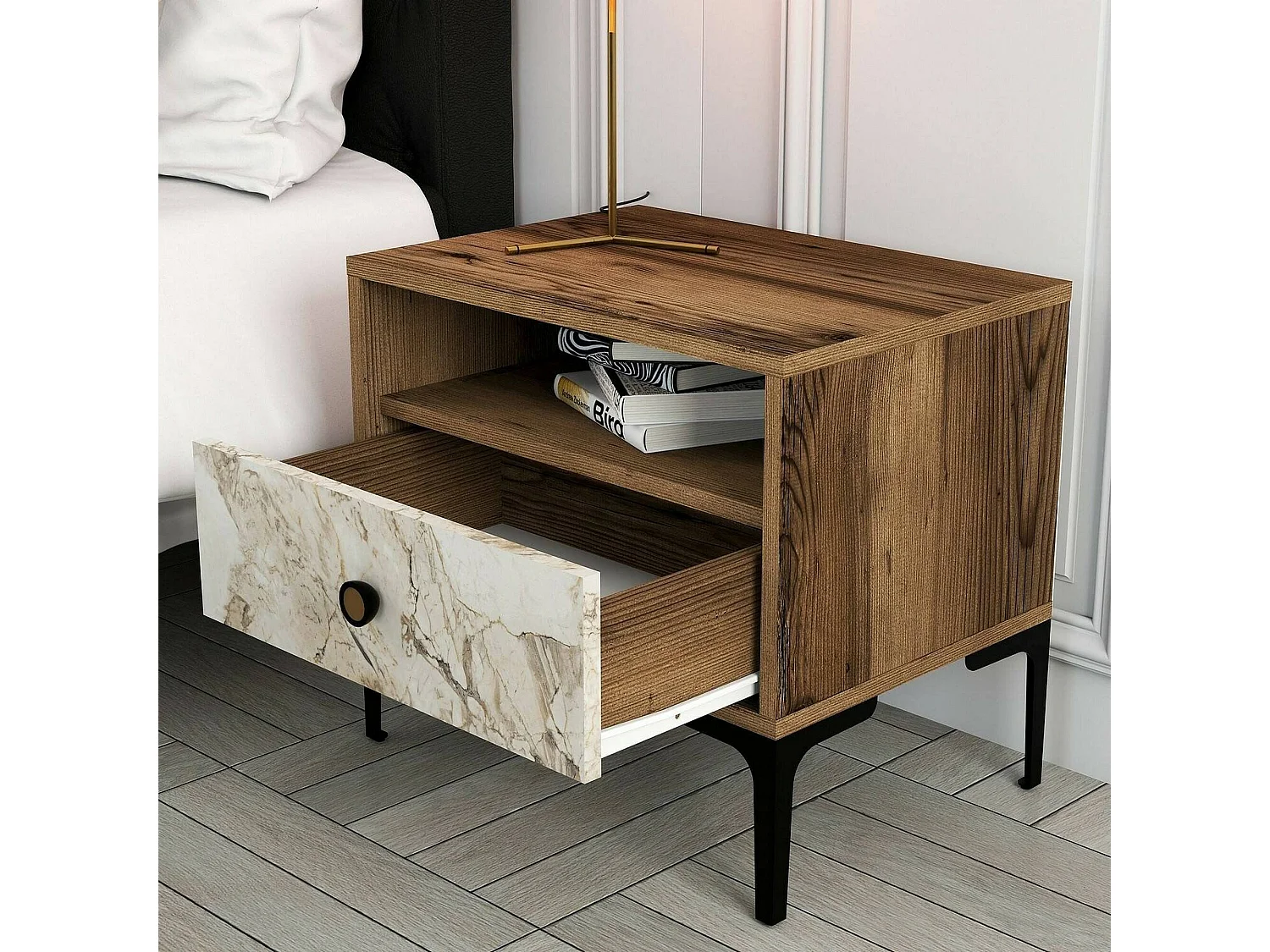 Chevet Seraph, Commode basse, Table de nuit, Étagère de chevet, 56x40h51 cm, Noyer et Marbre Blanc