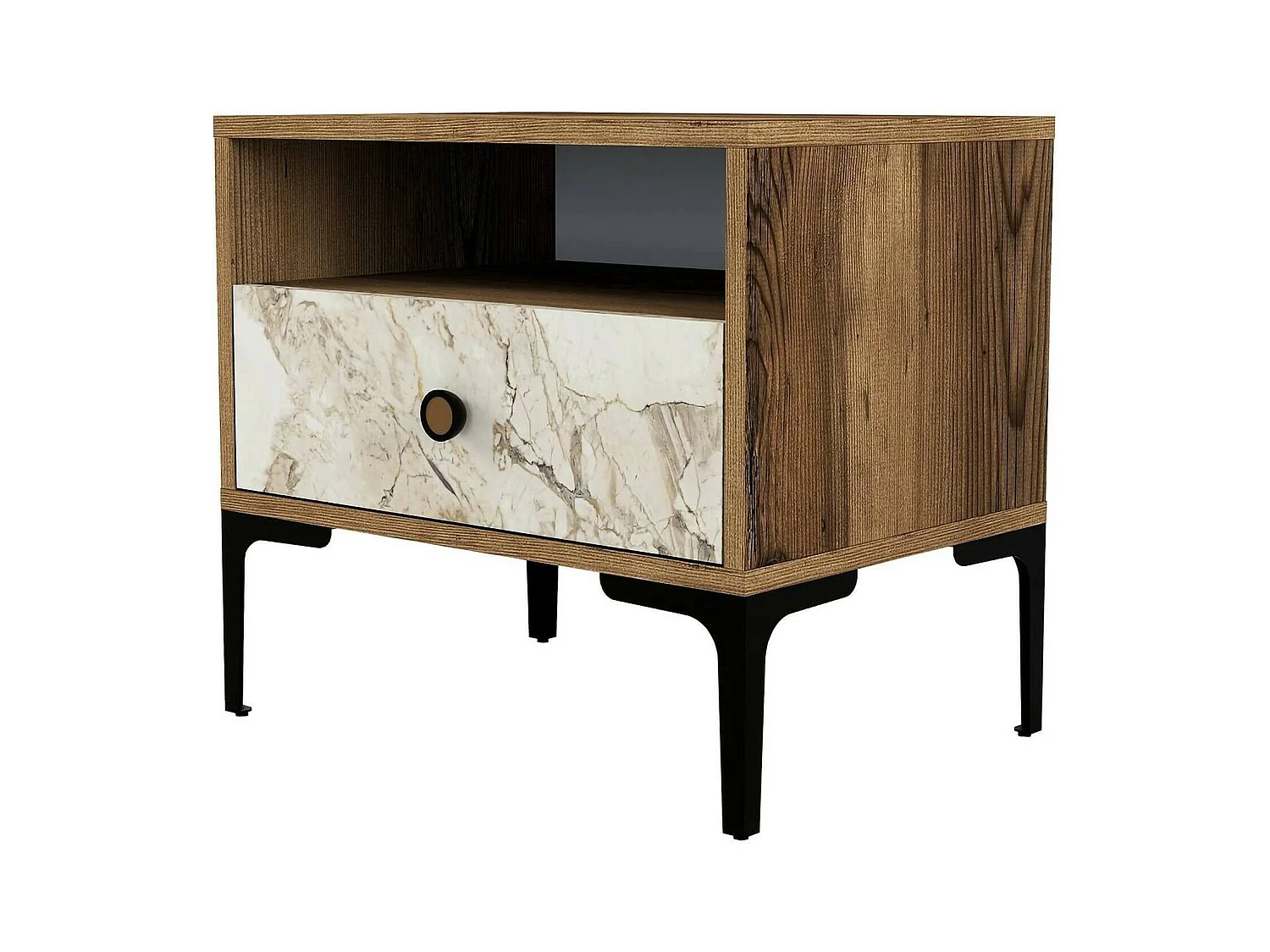 Mesa de cabeceira Dpidon, Cômoda baixa, Mesa de cabeceira, Prateleira de cabeceira, 56x40h51 cm, Nogueira e Mármore Branco
