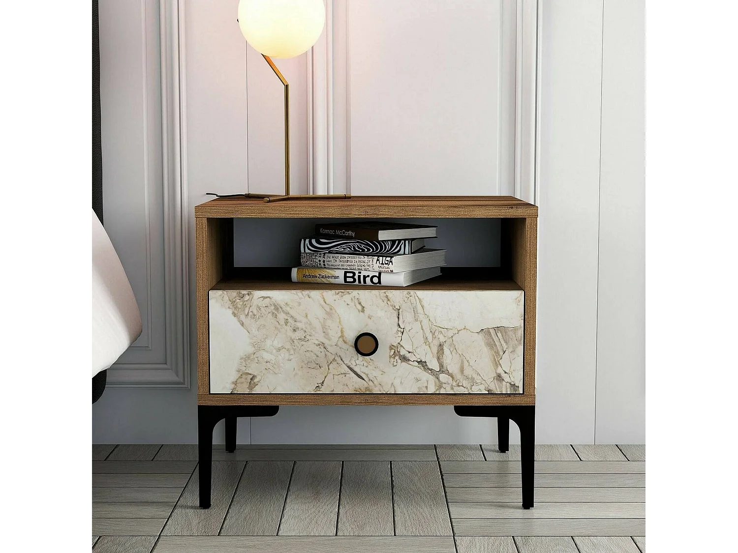 Chevet Seraph, Commode basse, Table de nuit, Étagère de chevet, 56x40h51 cm, Noyer et Marbre Blanc