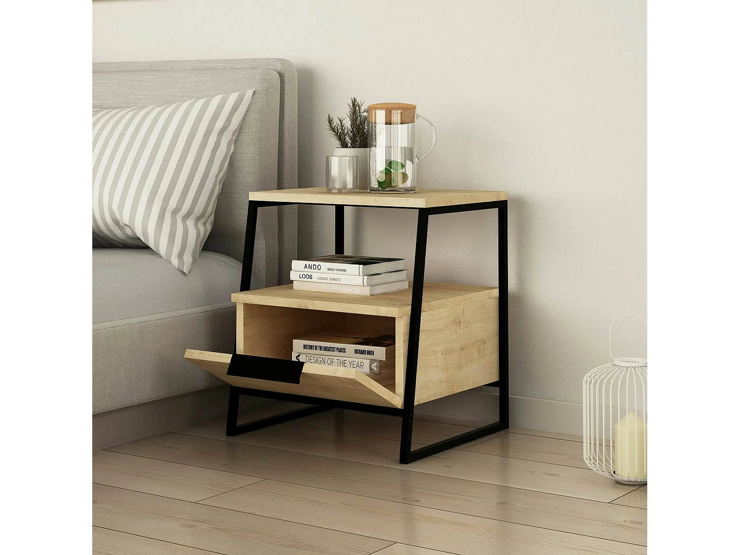 Mesa de cabeceira Dkastrat, Cômoda baixa, TAvolino noturno, Prateleira de cama, 45x40h50 cm, Carvalho