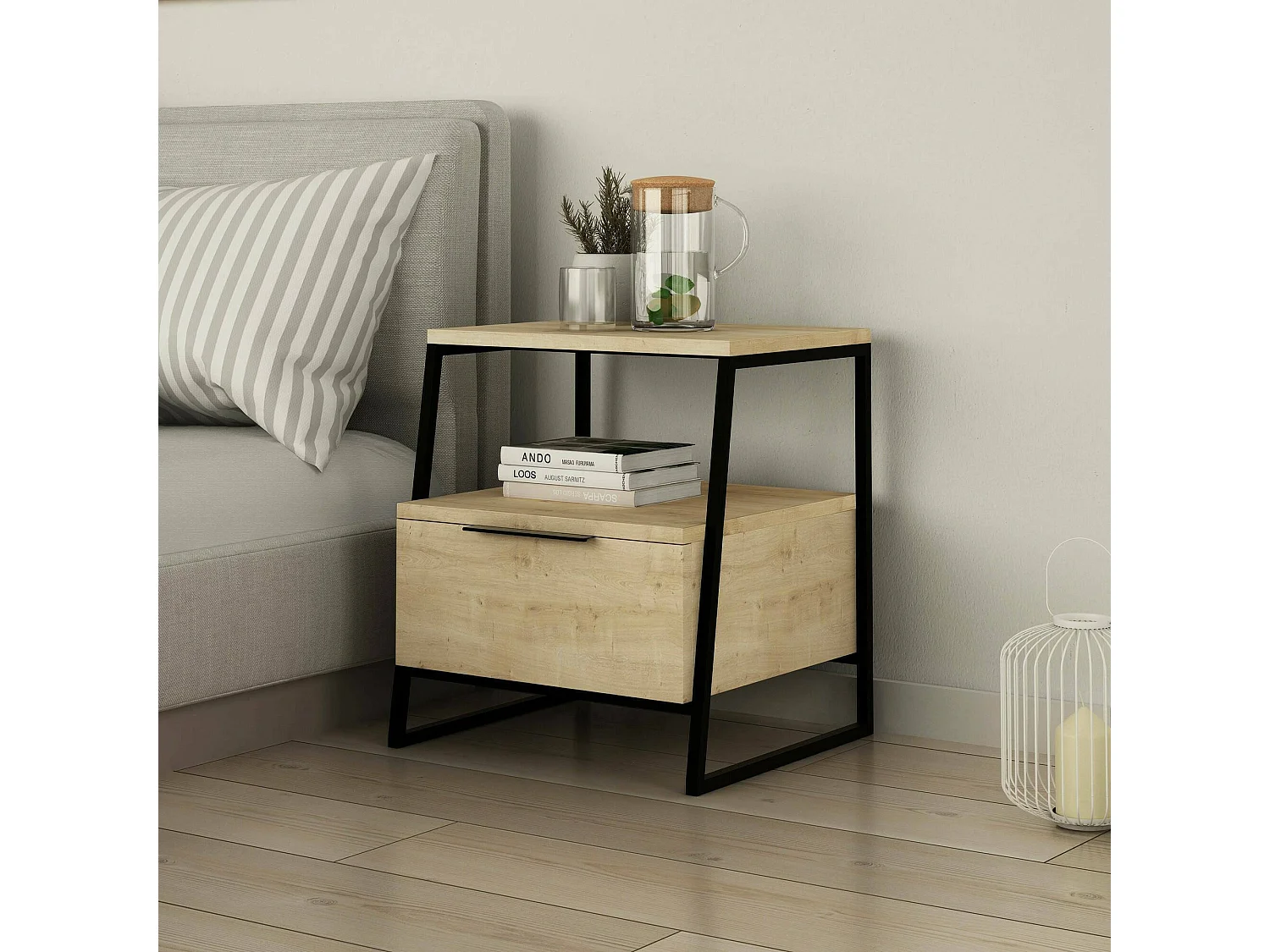 Chevet Dubhe, Commode basse, Table de nuit, Étagère de chevet, 45x40h50 cm, Chêne