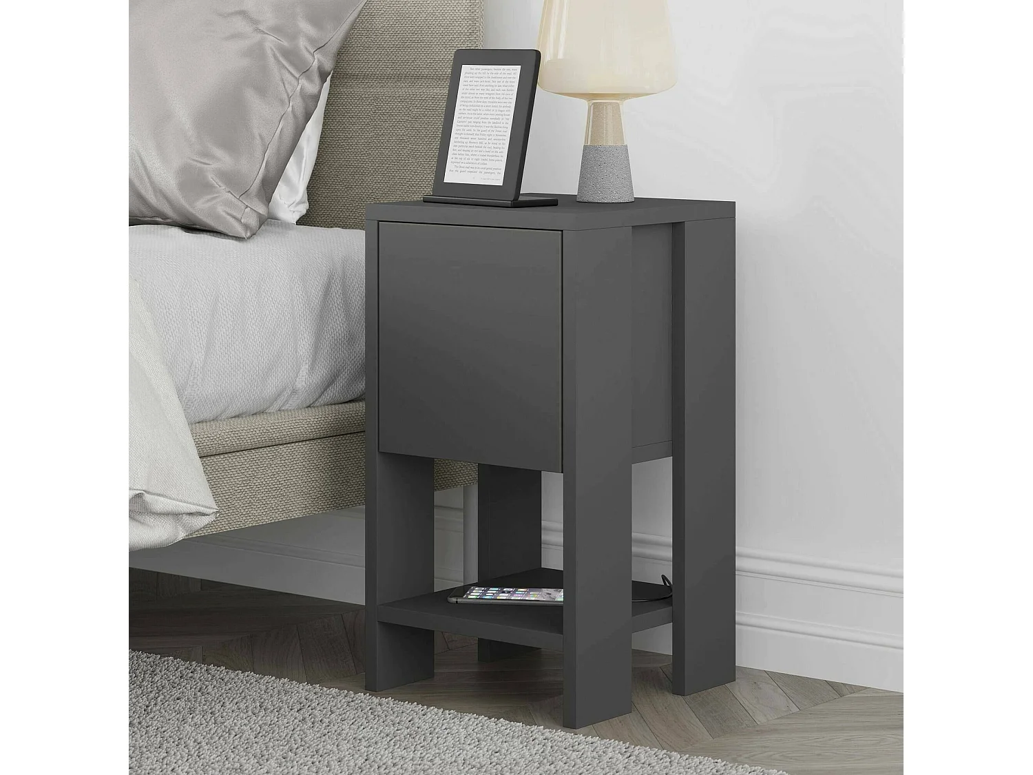 Chevet Draco, Commode basse, Table de nuit, Étagère de chevet, 30x30h55 cm, Anthracite