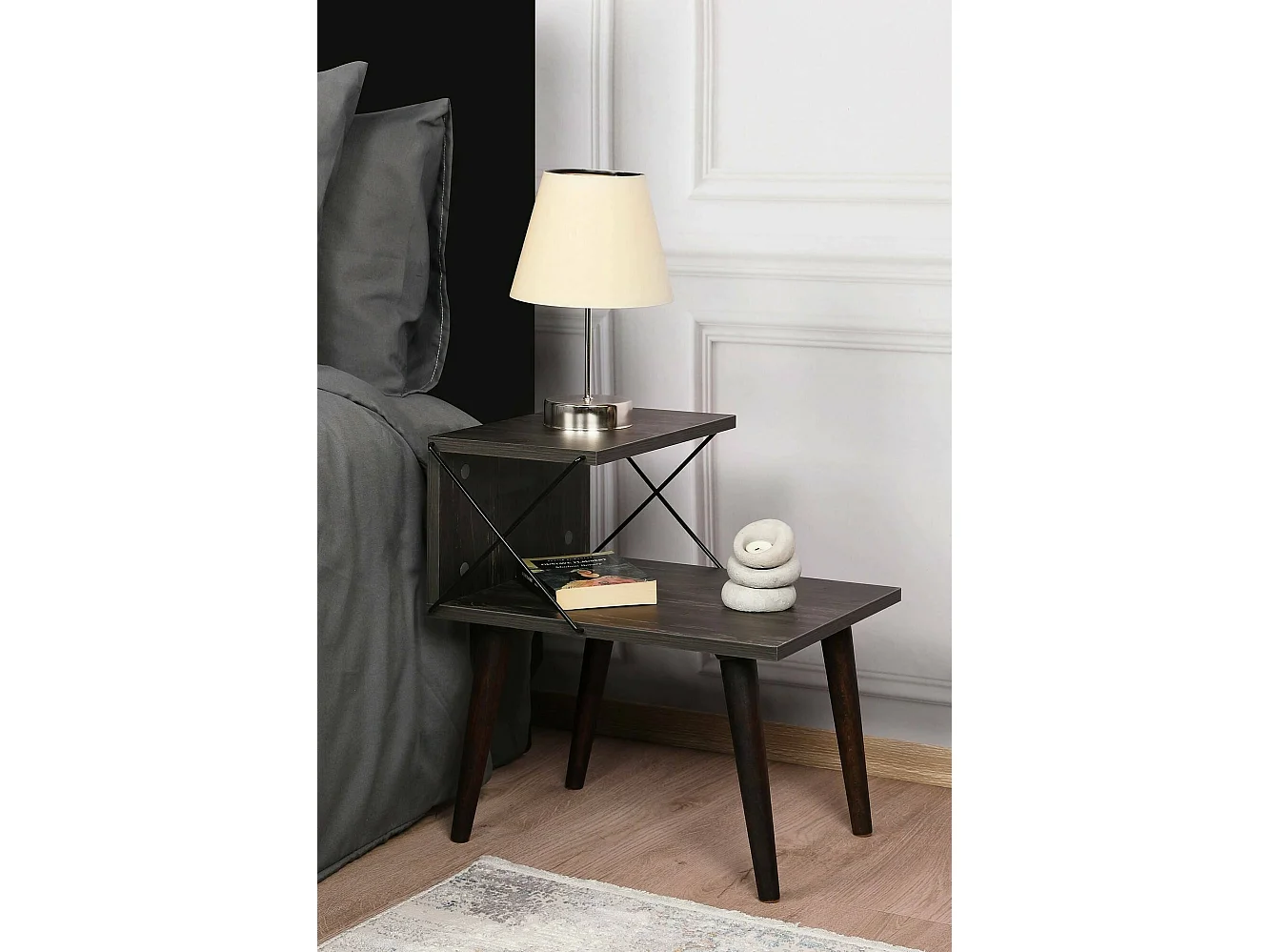 Chevet Astraea, Commode basse, Table de nuit, Étagère de chevet, 50x40h55 cm, Gris cendré