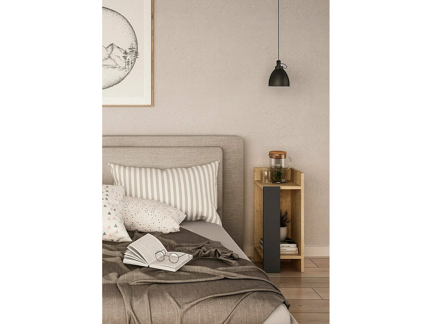 Chevet Libra, Commode basse, Table de nuit, Étagère de chevet, 25x27h60 cm, Chêne et Anthracite