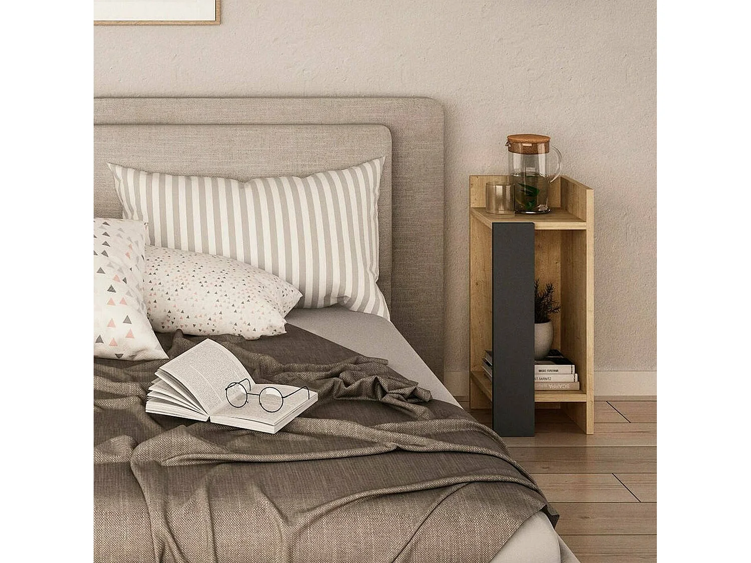 Chevet Libra, Commode basse, Table de nuit, Étagère de chevet, 25x27h60 cm, Chêne et Anthracite