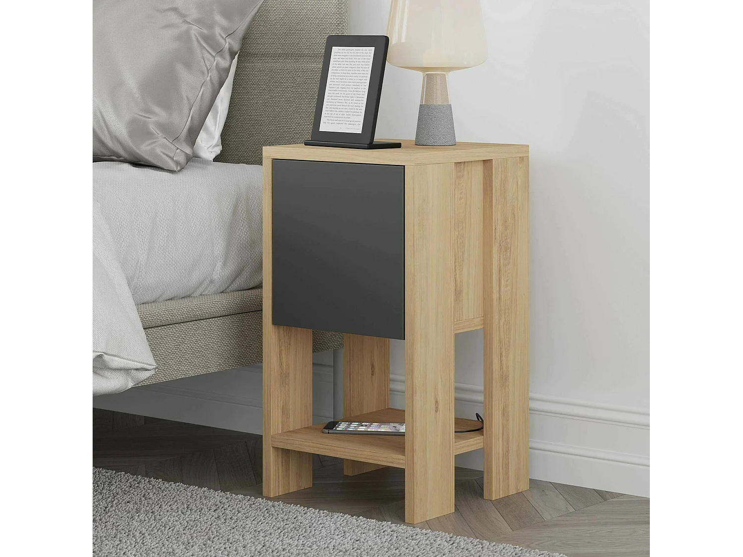 Nachttisch Dkarsdor, Niedrige Kommode, Tisch, Multifunktionaler Nachttisch, 30x30h55 cm, Eiche und Anthrazit