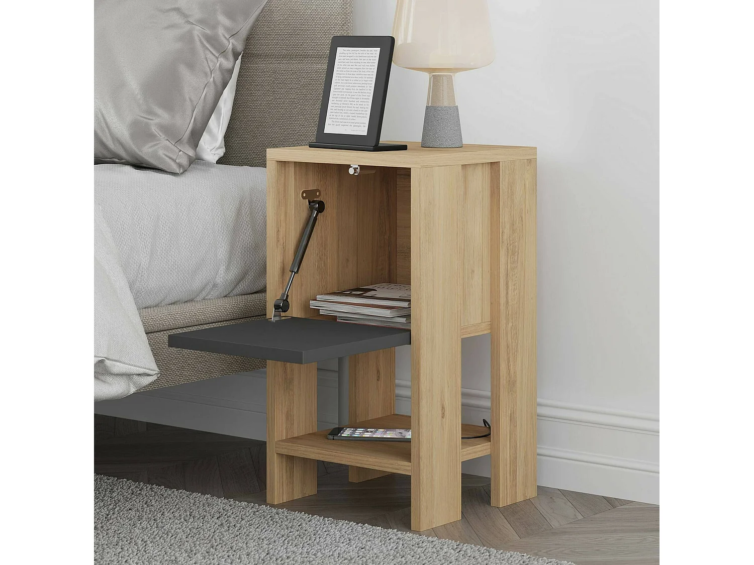 Chevet Draco, Commode basse, Table de nuit, Étagère de chevet, 30x30h55 cm, Chêne et Anthracite