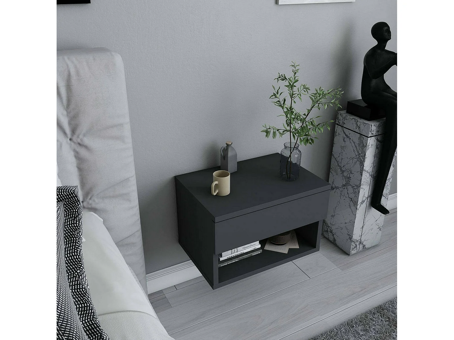 Nachttisch Dperisa, Niedrige Kommode, Tisch, Multifunktionaler Nachttisch, 45x29h32 cm, Anthrazit