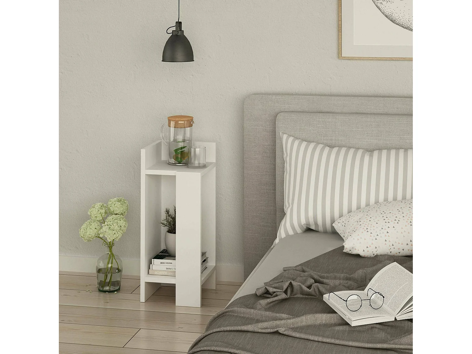 Comodino Asterix, 2 Ripiani, 27x25x60h cm Bianco