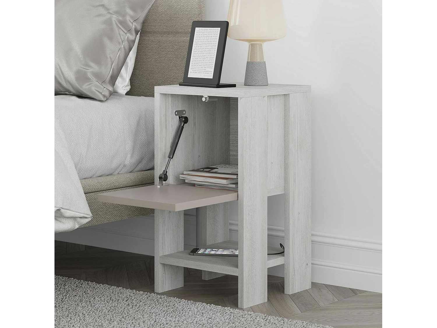 Nachttisch Dkarsdor, Niedrige Kommode, Tisch, Multifunktionaler Nachttisch, 30x30h55 cm, WeiÃŸ und Taupe