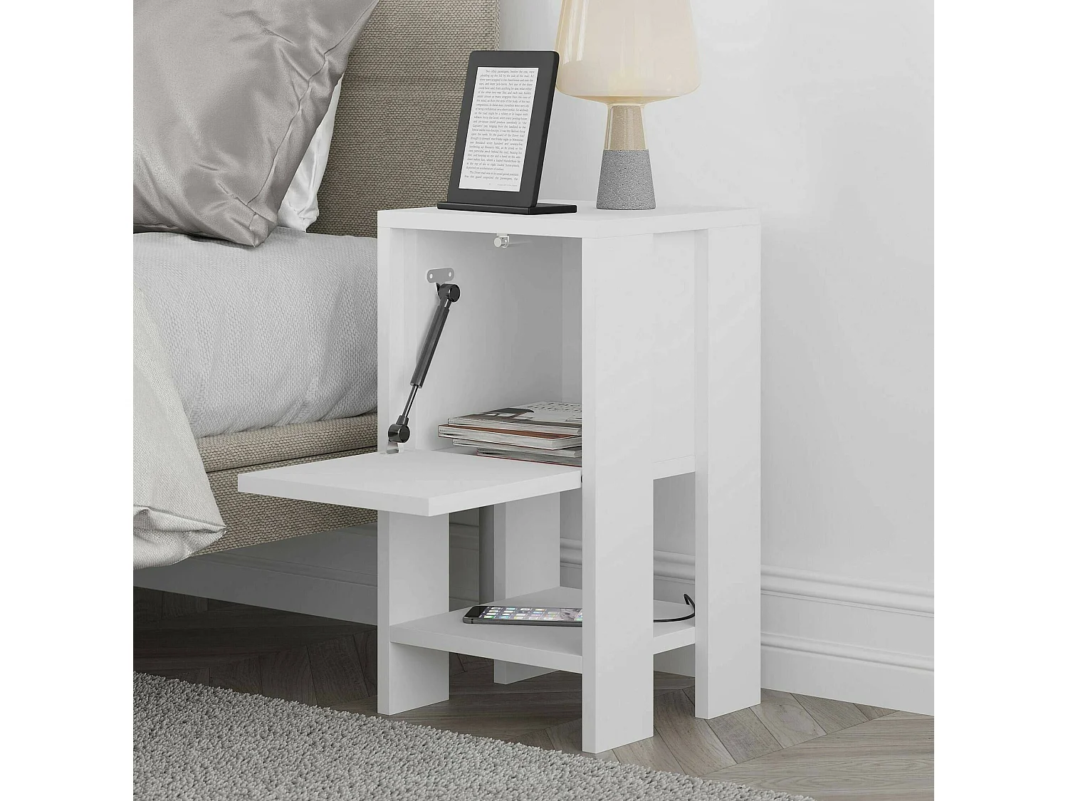 Chevet Draco, Commode basse, Table de nuit, Étagère de chevet, 30x30h55 cm, Blanc