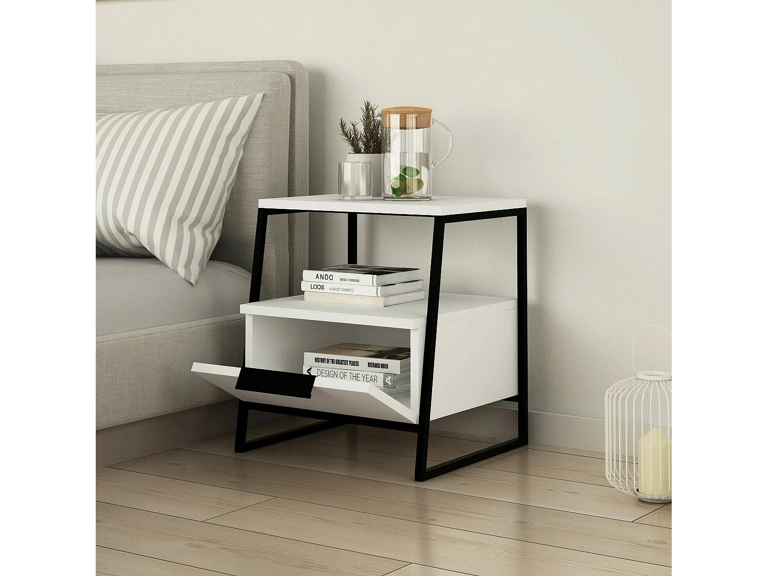 Chevet Dubhe, Commode basse, Table de nuit, Étagère de chevet, 45x40h50 cm, Blanc