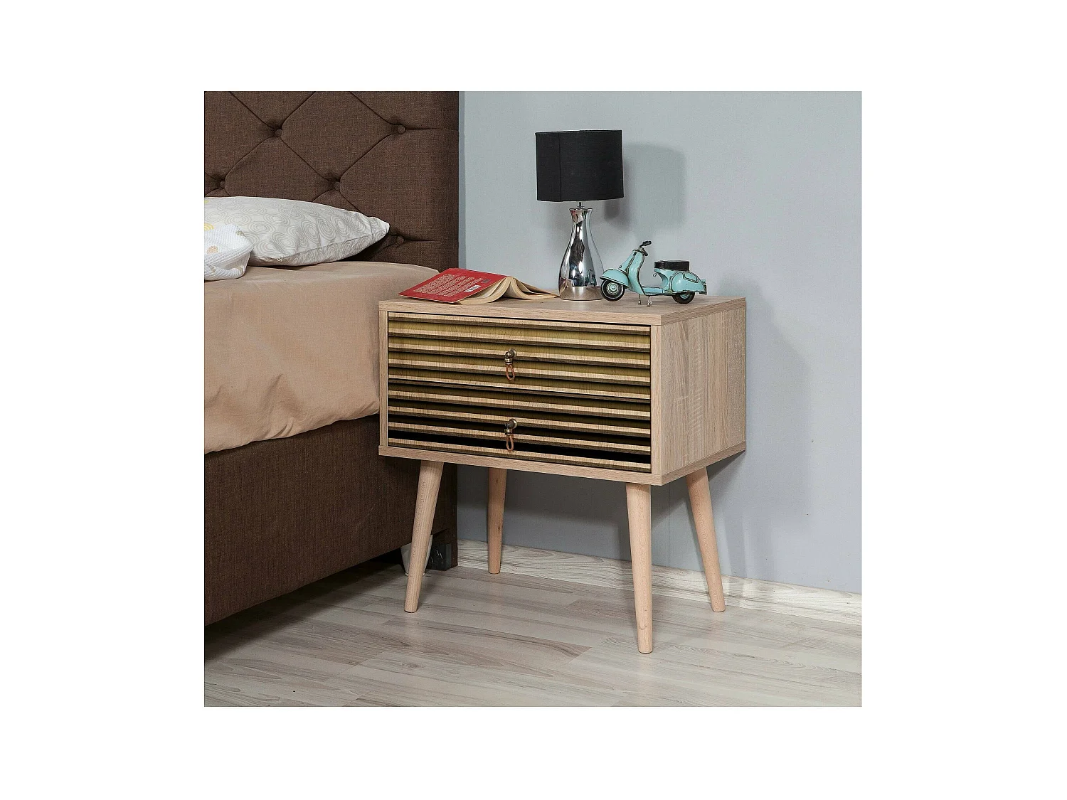 Chevet Antlia, Commode basse, Table de nuit, Étagère de chevet, 60x40h61 cm, Chêne