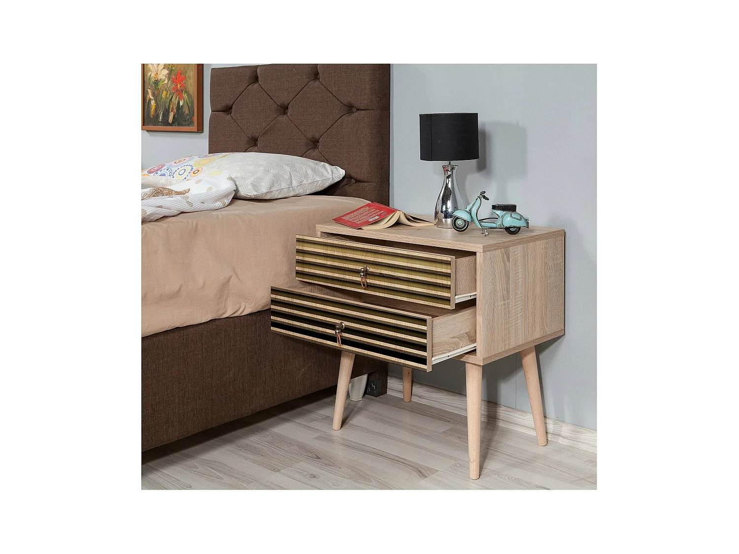 Chevet Antlia, Commode basse, Table de nuit, Étagère de chevet, 60x40h61 cm, Chêne