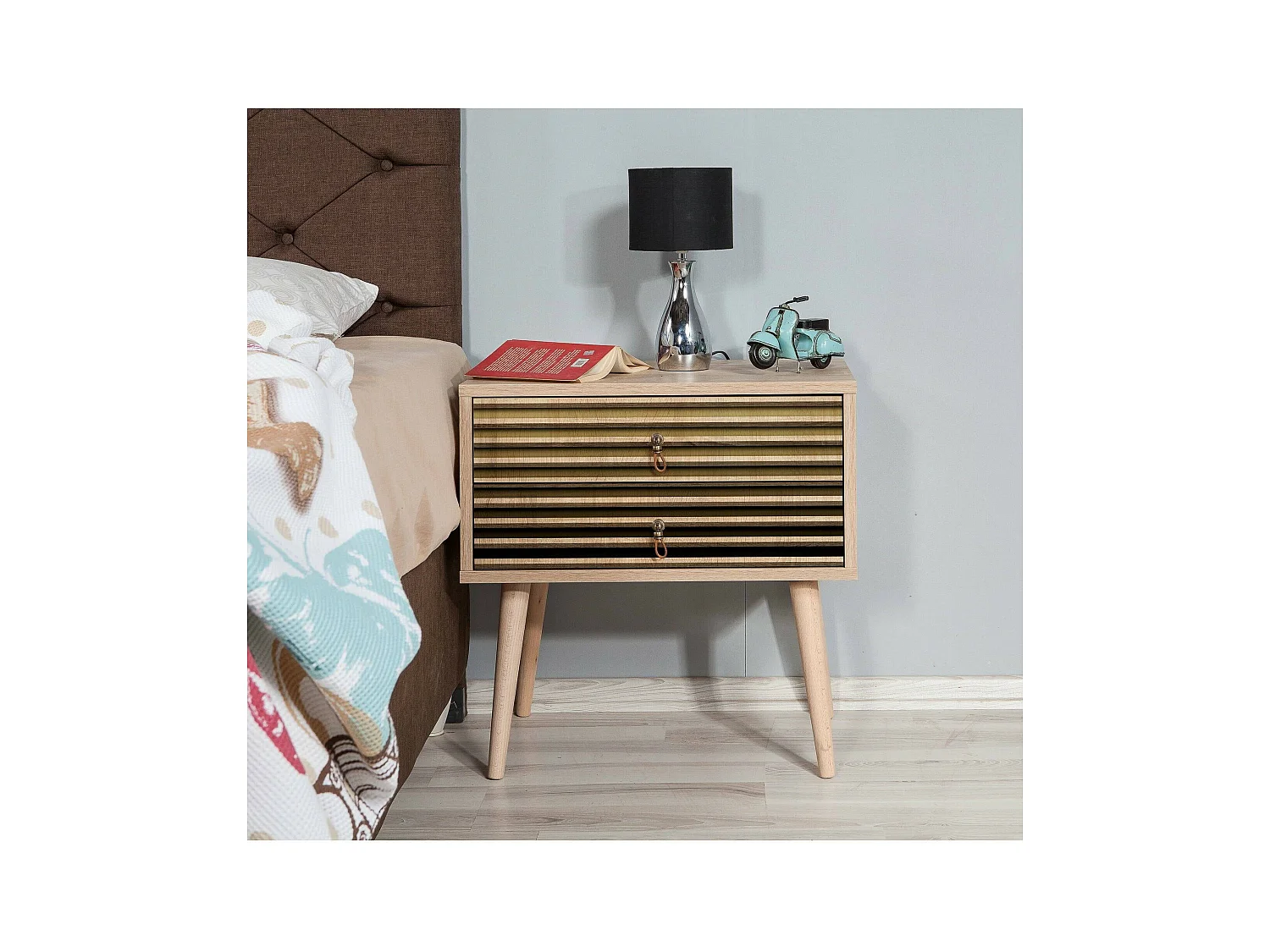 Chevet Antlia, Commode basse, Table de nuit, Étagère de chevet, 60x40h61 cm, Chêne