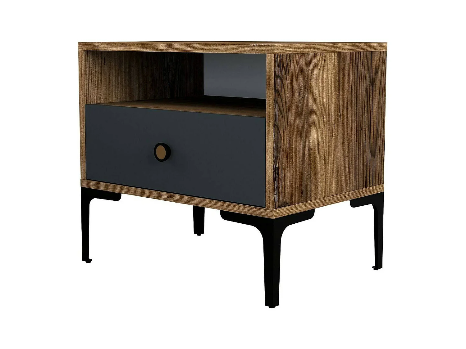 Chevet Seraph, Commode basse, Table de nuit, Étagère de chevet, 56x40h51 cm, Noyer et Anthracite