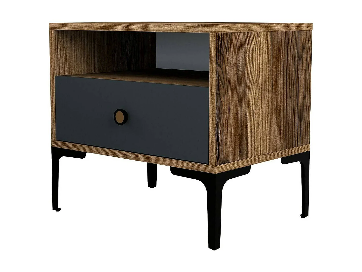 Chevet Seraph, Commode basse, Table de nuit, Étagère de chevet, 56x40h51 cm, Noyer et Anthracite