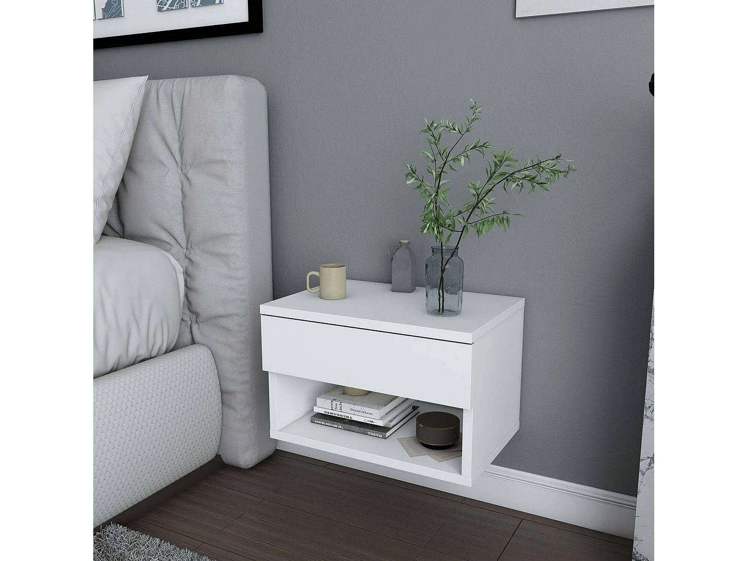 Mesa de cabeceira Dperisa, Cômoda baixa, Mesa de cabeceira, Prateleira de cabeceira, 45x29h32 cm, Branco