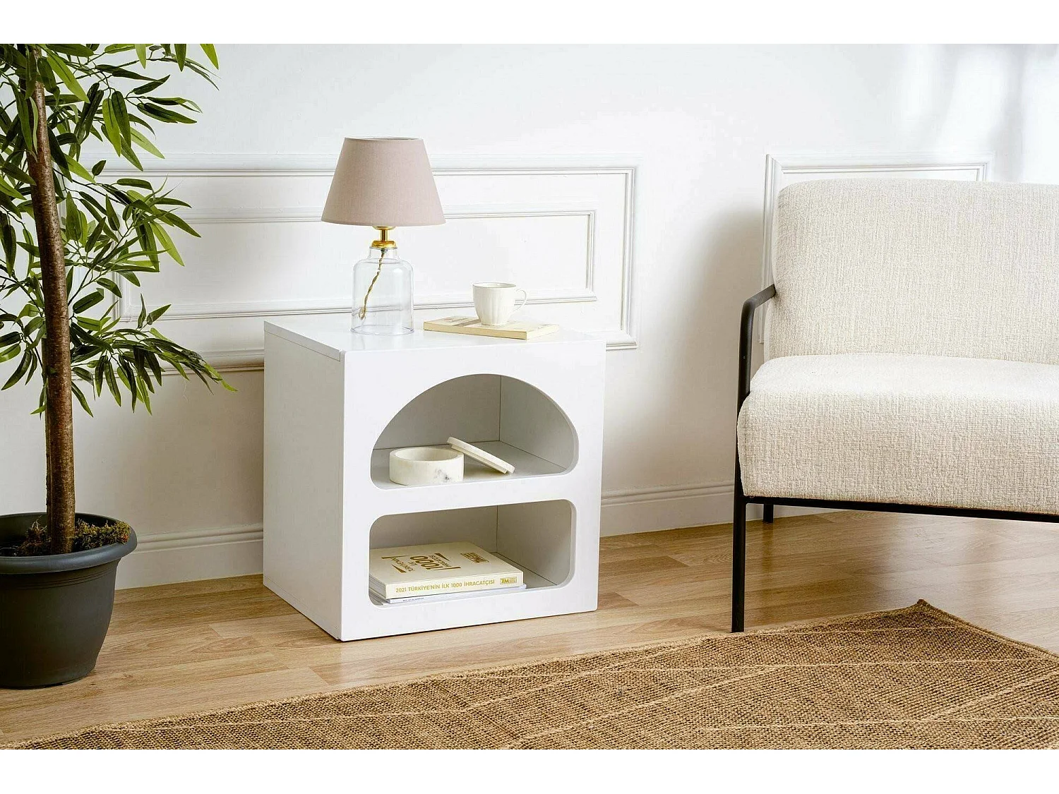 Chevet Kappa, Commode basse, Table de nuit, Étagère de chevet, 50x38h50 cm, Blanc